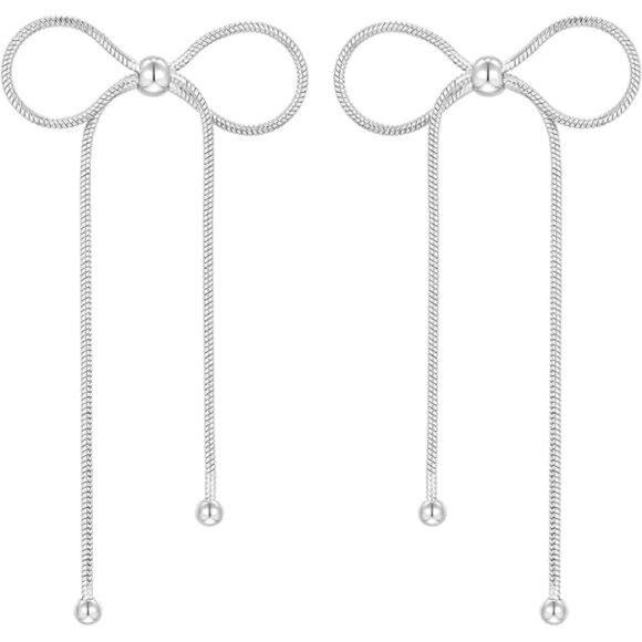 Silver Bow Earrings – White Gold Plated, Dangle Tassel Design - Picture 7 of 7